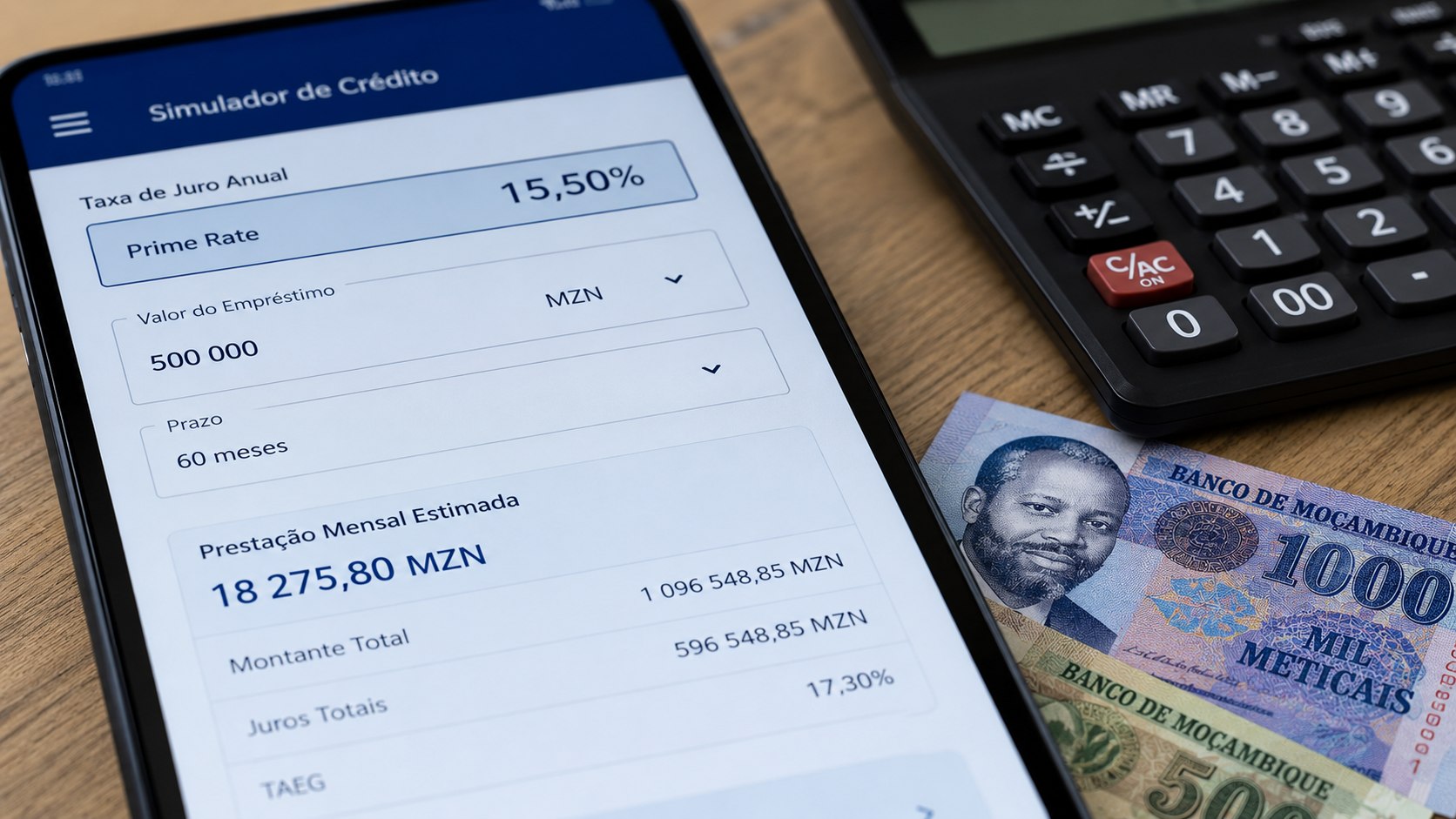 Prime Rate mantém-se em 15,50% em Moçambique. Veja prestações simuladas para créditos de 100 mil, 500 mil e 1 milhão de meticais e como o spread bancário altera o custo final.