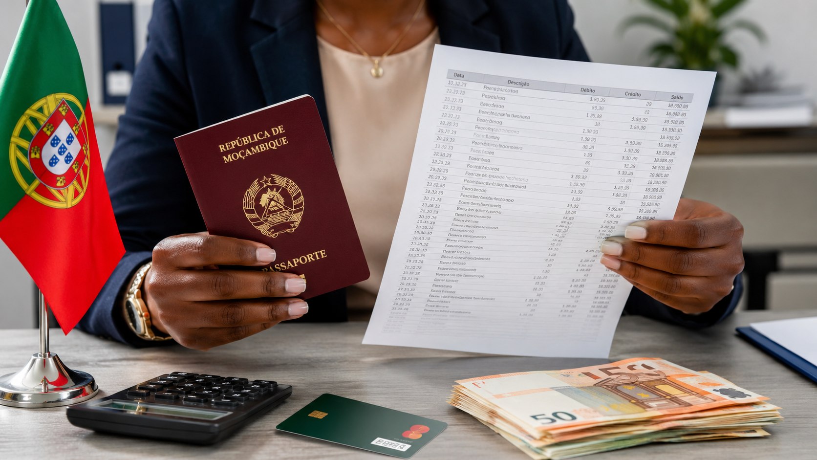 Saiba quanto dinheiro apresentar no banco para pedir visto de Portugal em Moçambique em 2026, como calcular o valor por dia e quais documentos financeiros podem comprovar os meios exigidos.