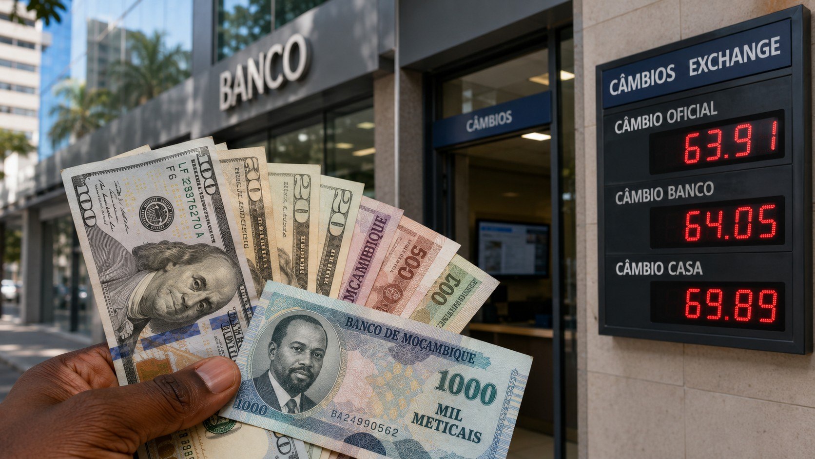 Câmbio em Moçambique hoje: dólar a 63,91 meticais no Banco de Moçambique. Veja taxas de bancos e casas de câmbio, diferença entre compra e venda e cuidados para trocar moeda com segurança em Maputo.