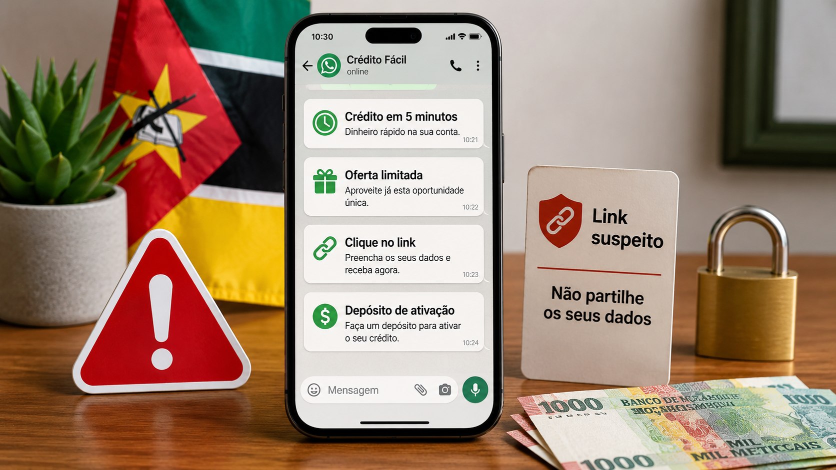 Empréstimo no WhatsApp em Moçambique: veja cinco sinais de fraude, como verificar o credor, proteger documentos, travar transferências e denunciar o esquema antes de perder dinheiro ou identidade já.