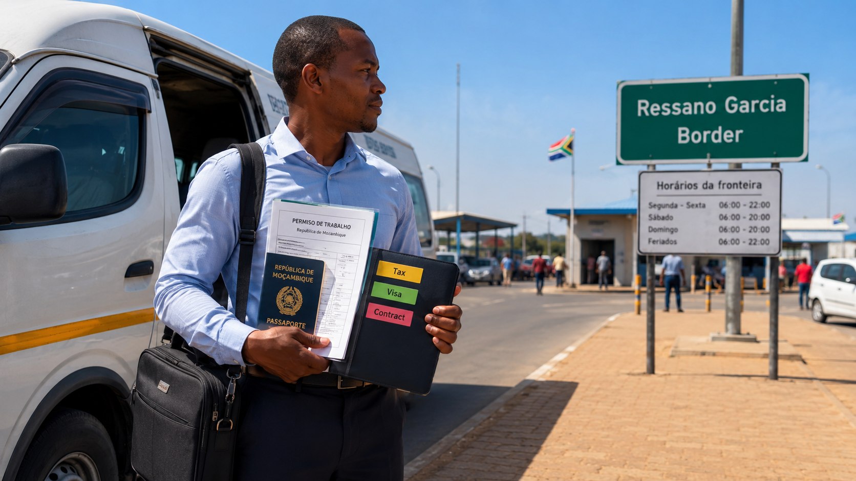 Trabalhar na África do Sul morando em Moçambique: veja vistos, contrato, impostos, transporte por Ressano Garcia, horários da fronteira e documentos exigidos em 2026.