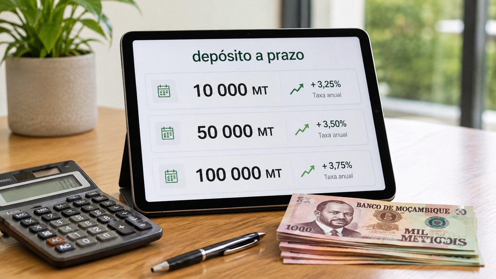 Veja quanto podem render 10 mil, 50 mil e 100 mil meticais num depósito a prazo em Moçambique em 2026, com taxas, imposto e cálculos líquidos.