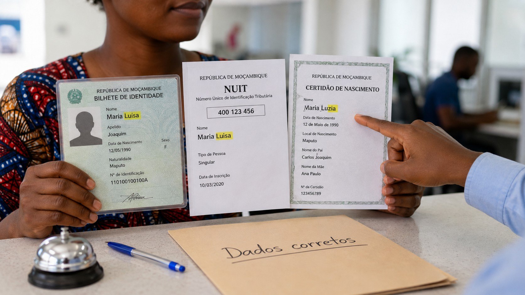 Nome diferente no BI, NUIT e certidão de nascimento? Saiba qual documento corrigir primeiro, onde apresentar o pedido e como actualizar os restantes registos oficiais de Moçambique sem novos erros.