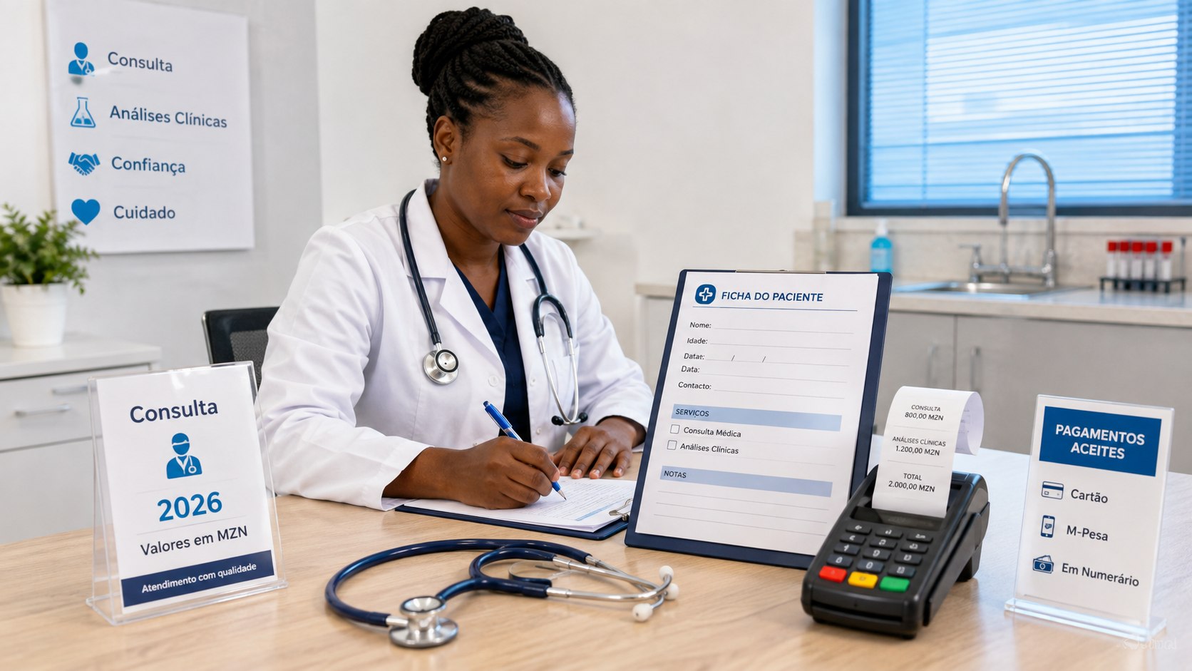 Quanto custa uma consulta e análises clínicas em Moçambique em 2026? Veja preços divulgados, diferenças entre serviços públicos e privados e como pedir orçamento antes dos exames médicos.