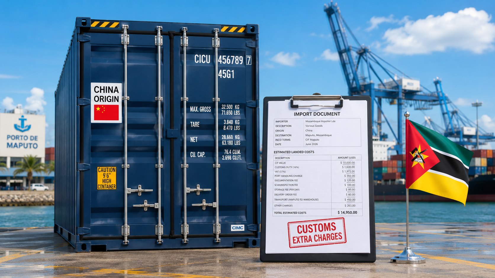Importar mercadoria da China para Moçambique em 2026 exige calcular frete, direitos, IVA, taxas portuárias, armazenagem e transporte. Veja documentos, riscos e custos antes de fechar a compra final!