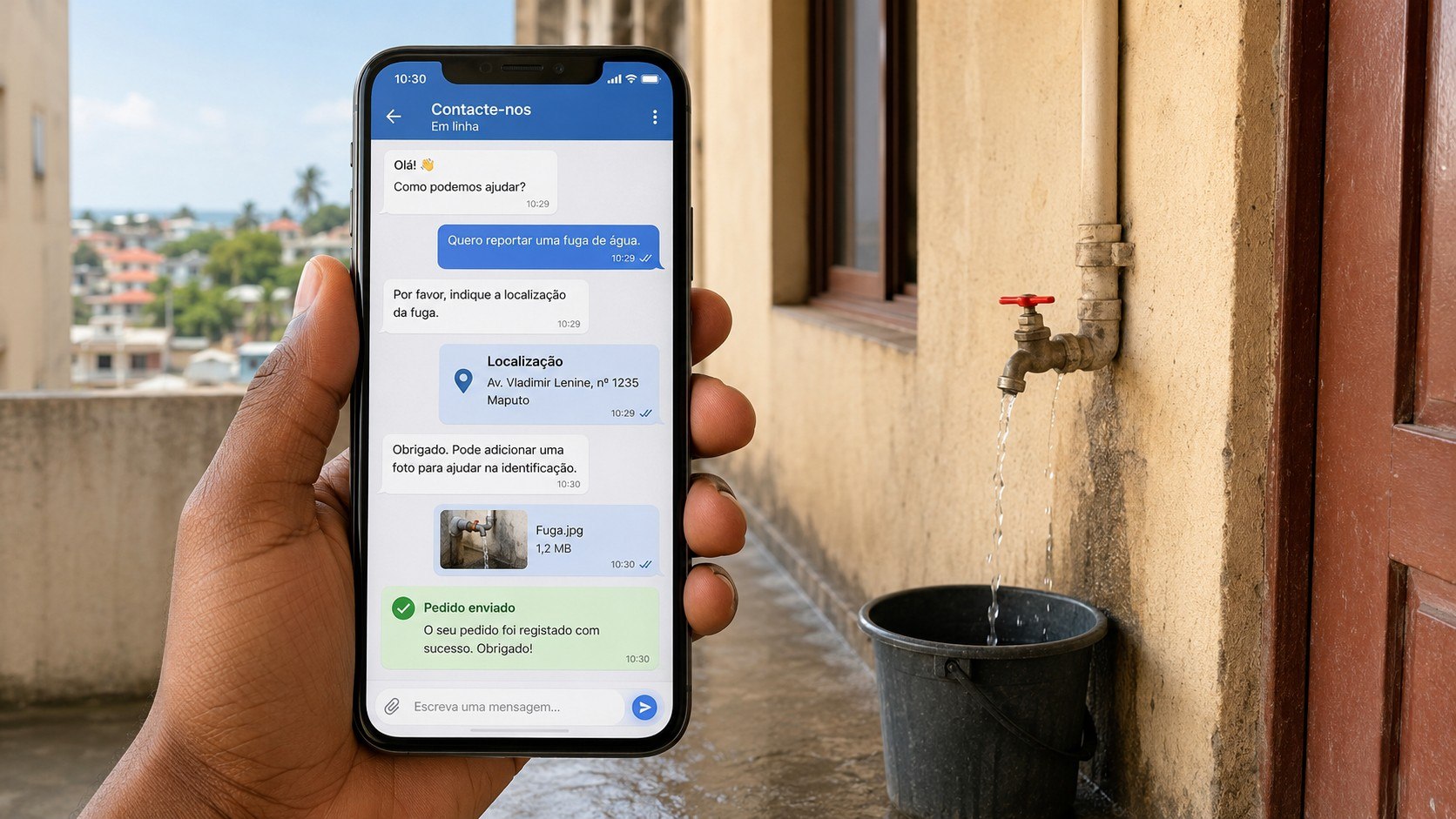 Como denunciar uma fuga de água em Maputo sem ir ao balcão: use o ReporteFugas, contactos da SAAS-Maputo e AURA para registar, acompanhar e pedir a reparação de forma totalmente online.